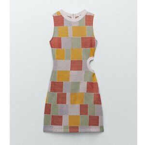 Zara Mod Mini Dress Square Knit Jacquard w/ Circle Cutout (L - fits like M)